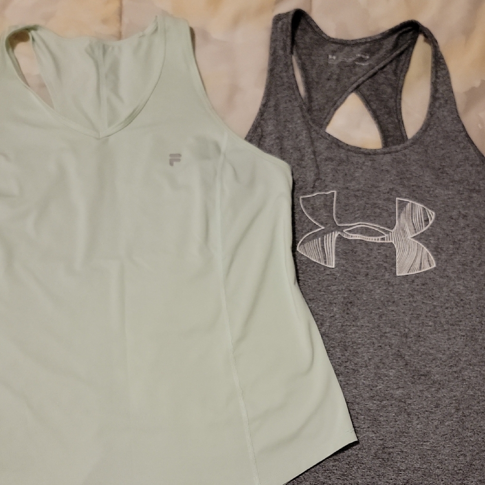 2 Work Out Tank Tops Under Armour And FILA Gray and Mint Tank Tops